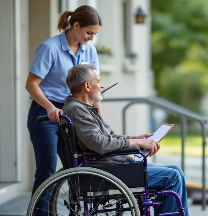 Support worker assisting an elderly man in a wheelchair outdoors while reviewing documents, representing personal care and mobility support services.